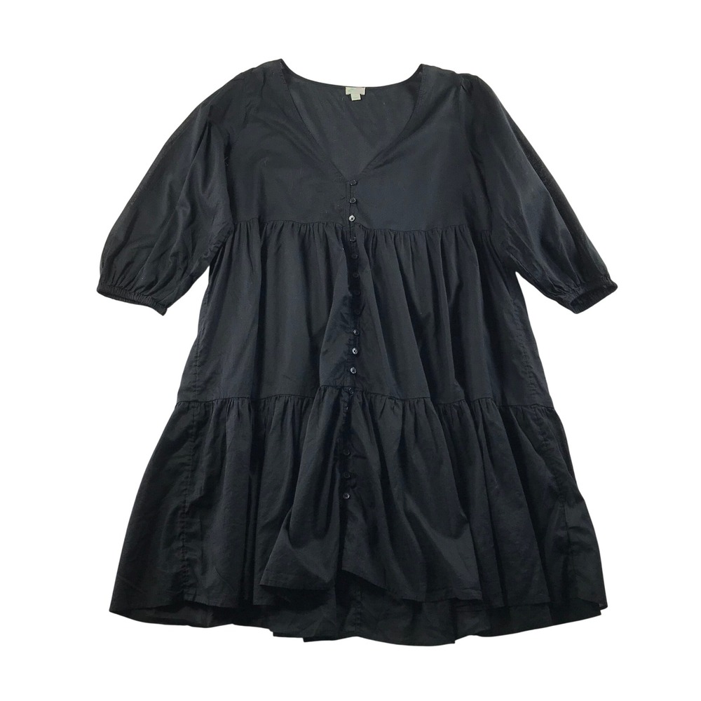 J.Crew Beachwear Black Cotton Tiered V-Neck Button Front Mini Dress Small